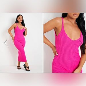 Pink Ribbed Backless Midi Dress